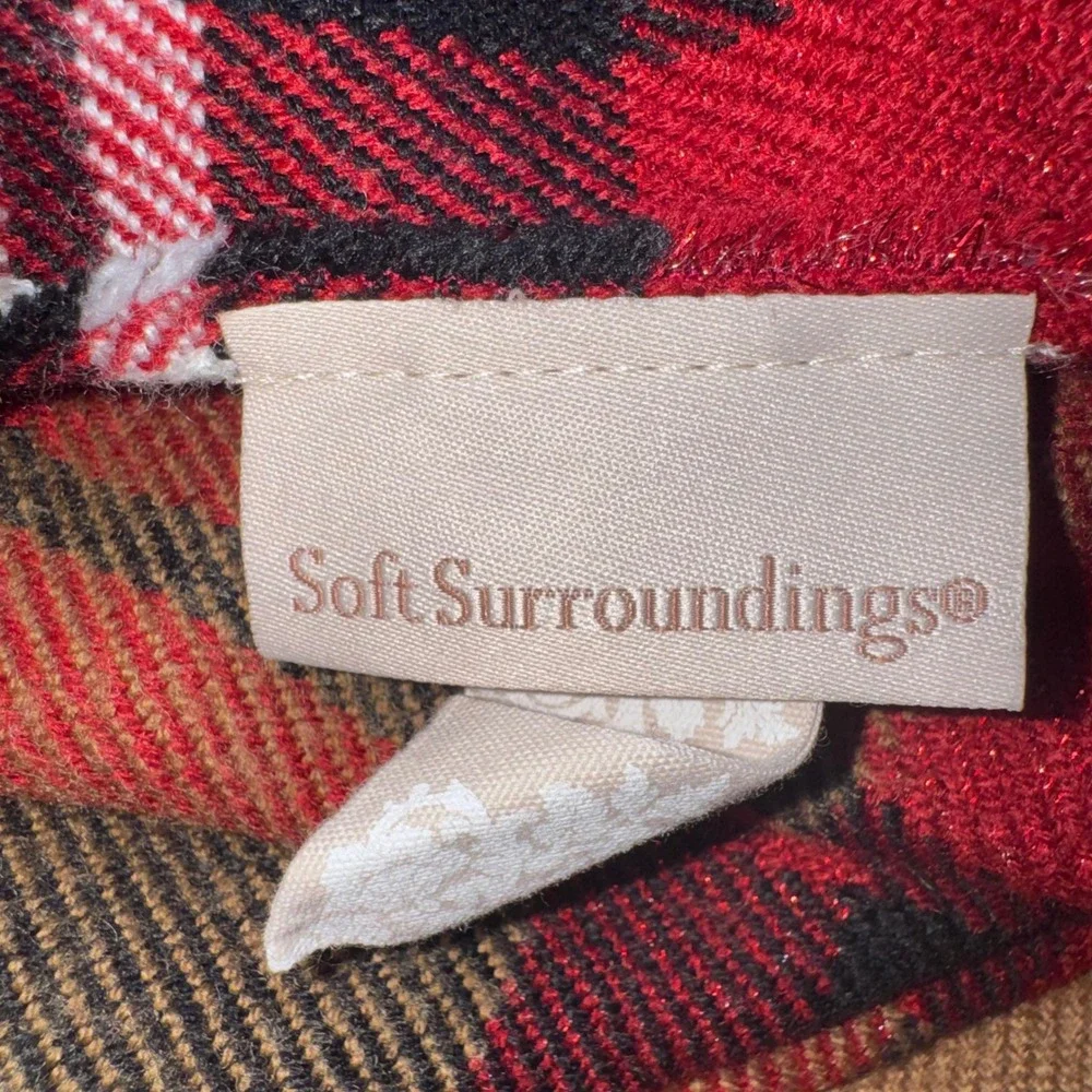 Soft Surroundings Throw Blanket Women Red Plaid Metallic Fringe Wrap 50x70